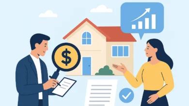 کارشناس در حال بررسی قیمت ملک با ذره‌بین و مشاوره درباره ارزش واقعی خانه