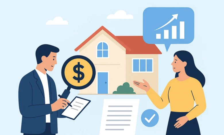 کارشناس در حال بررسی قیمت ملک با ذره‌بین و مشاوره درباره ارزش واقعی خانه