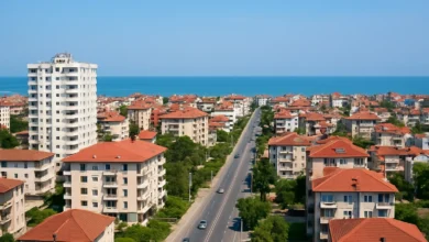 تصویر هوایی از ساختمان‌ها و آپارتمان‌های ساحلی بابلسر با نمایی از دریا و خیابان اصلی شهر