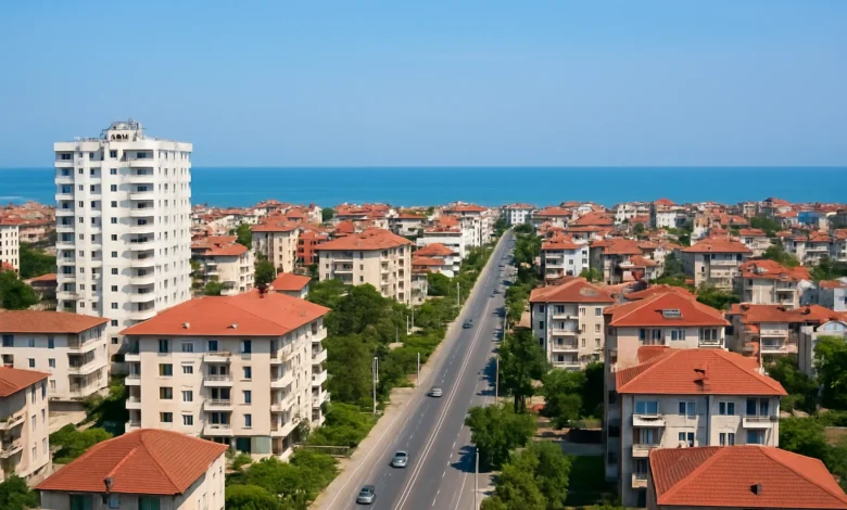 تصویر هوایی از ساختمانها و آپارتمانهای ساحلی بابلسر با نمایی از دریا و خیابان اصلی شهر