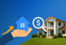 تصویرillustration فلت از یک خانه ویلایی کنار ساحل با درختان نخل و نشانگر موقعیت مکانی روی نقشه، نماد جستجوی ملک در بابلسر