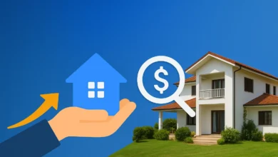 تصویرillustration فلت از یک خانه ویلایی کنار ساحل با درختان نخل و نشانگر موقعیت مکانی روی نقشه، نماد جستجوی ملک در بابلسر