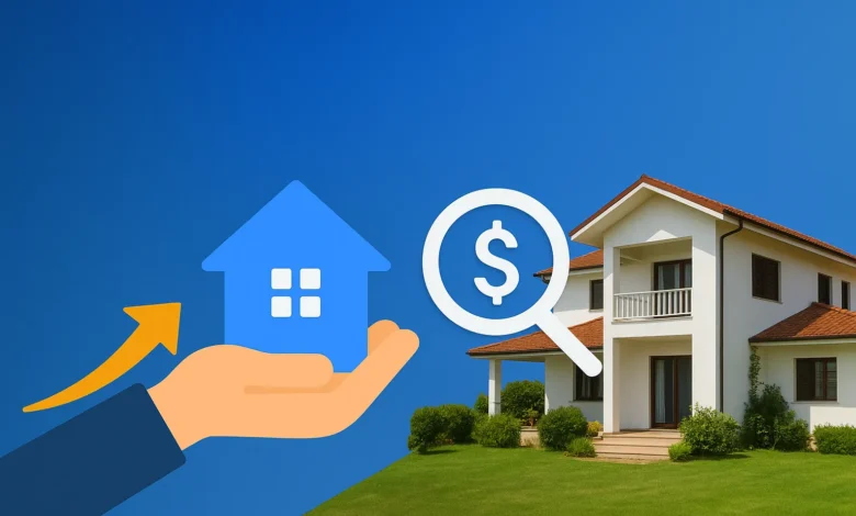 تصویرillustration فلت از یک خانه ویلایی کنار ساحل با درختان نخل و نشانگر موقعیت مکانی روی نقشه، نماد جستجوی ملک در بابلسر